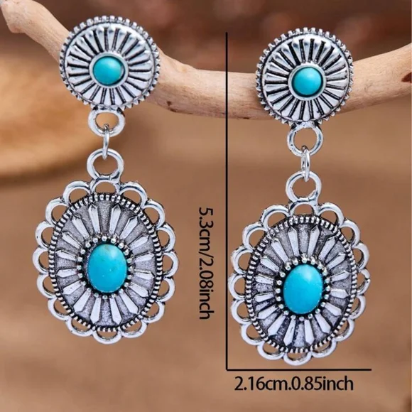 Silver Turquoise Concho Western Dangle Earrings - Picture 2 of 2